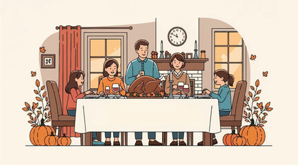 An illustration of a family of five enjoying a Thanksgiving dinner together.