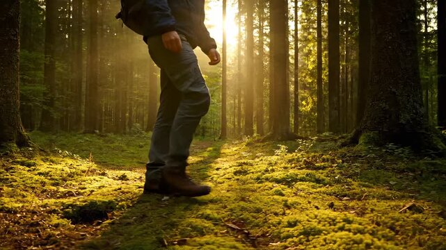 Walking through sunlit forest on moss. Hiker steps along quiet trail. Boot presses into soft moss with each footstep. Sunbeam filters through tall trees. Nature scene evokes calm and exploration.