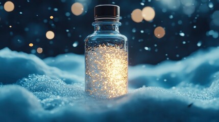 Luxury cosmetic product in a bottle against fresh snow, professional cinematic style