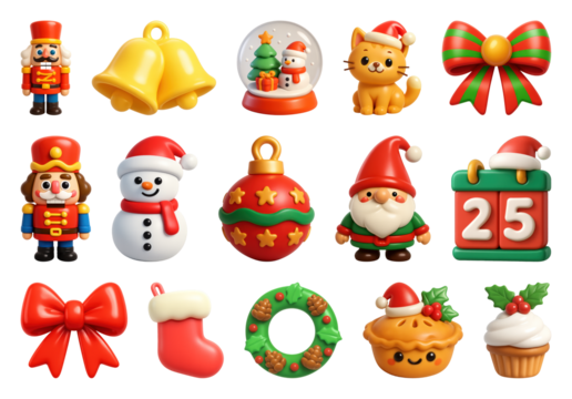 PNG Festive Christmas cartoon icons collection, element set on transparent background - Powered by Adobe