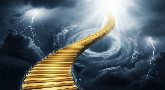 Golden staircase ascending to bright light against dramatic cloudy sky background
