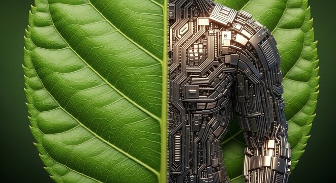 A Robotic Torso Emerges From A Vibrant Green Leaf Symbolizing The Fusion Of Nature And Technology