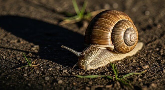 Close-up of a garden snail slowly moving across the textured ground in natural light.