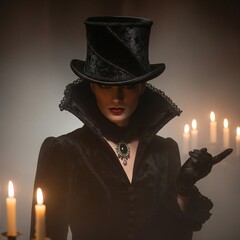 A woman in a black top hat and coat standing in front of lit candles with a dark background