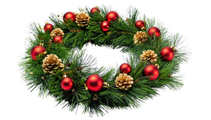 A christmas wreath with pine needles, red ornaments, and pine cones on a transparent background
