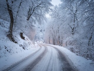 Obraz premium Winding Snowy Road Through Forest Frost Laden Trees Winter Wonderland Scenery