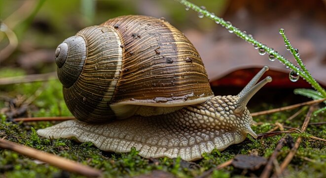 Close-up of a garden snail with its shell and antennae visible on the forest floor. - Powered by Adobe