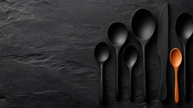 Sleek kitchen utensils rest harmoniously on a dark surface, highlighting their unique shapes and materials. Each piece reflects the beauty of practical cooking tools in a modern kitchen setting