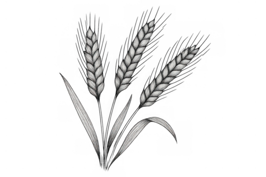 Wheat ears drawing with grain stalk plants, representing agriculture, food, and harvest concepts in black and white sketch