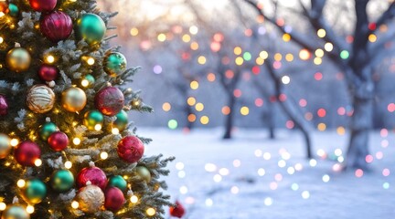 Festive Merry Christmas & Happy New Year banner. Decorated tree on a side, copy space on other side with snowy, blurred background. Greeting card, banner, backdrop