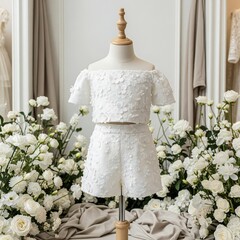 A white floral two piece set on a mannequin surrounded by white flowers in a bright setting