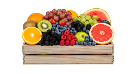 Assorted fresh fruits in a wooden crate isolated on transparent background
