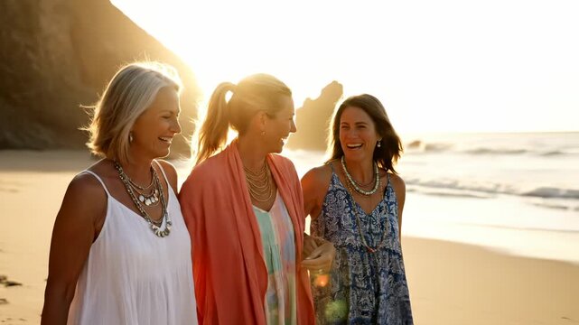 Woman walk on beach at sunset. Friend laugh and smile together. Senior woman enjoy seaside walk and sunset glow. Happy vacation moment with friend and laugh. Relaxed trio share joy at shoreline today.