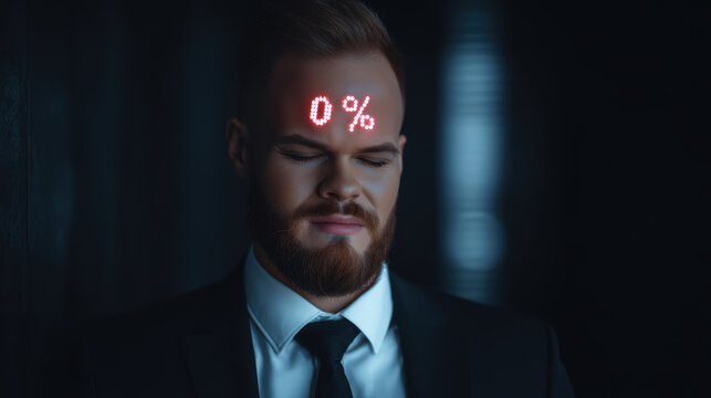 Businessman with LED indicator reading 0 percent on his forehead - burnout, lack of motivation, tiredness