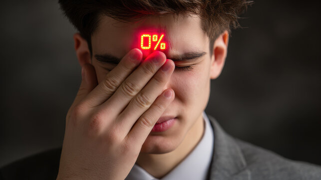 Businessman with LED indicator reading 0 percent on his forehead - burnout, lack of motivation, tiredness - Powered by Adobe