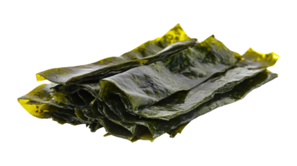 A pile of green seaweed is on a white background
