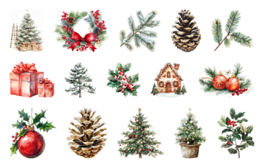 PNG Festive holiday decorations and elements, element set on transparent background
