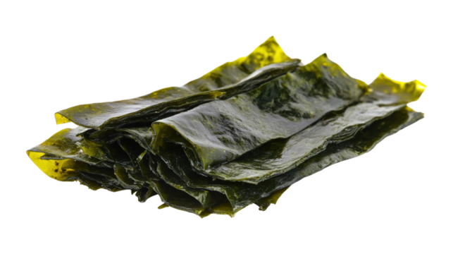 A pile of green seaweed is on a white background