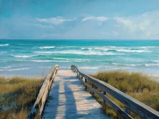 Serene beach painting with soft waves gently breaking on the shore, a sun-drenched wooden boardwalk casting shadows, and vibrant green dune grass under a clear, expansive blue sky