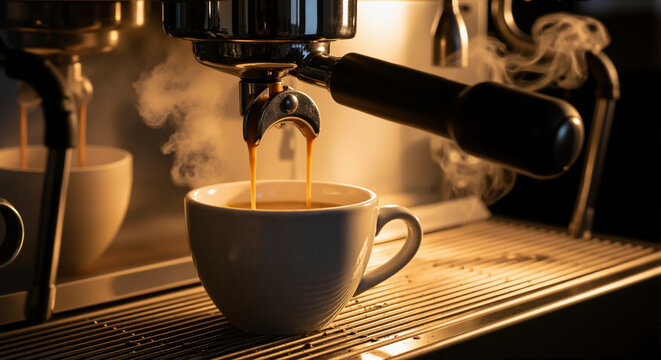 Espresso machine brewing a fresh shot of hot coffee. Close-up of a double espresso pouring into a cup with steam. Café beverage preparation.