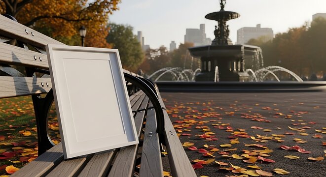 White picture frame mockup leaning on an empty park bench amidst scattered autumn leaves in a vibrant city park with a grand fountain and urban skyline in the distance, ideal for display.