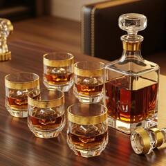A decanter and gold rimmed glasses filled with whiskey on a wooden table with accessories near by