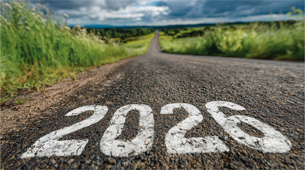 Obraz premium Year 2026 is painted in white on rural asphalt road stretching into distance under cloudy sky, surrounded by green grass and fields, evoking sense of future journey and hope