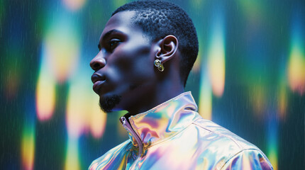 Profile portrait of a young man in a futuristic iridescent jacket. Cyberpunk fashion concept with neon lights and rain.
