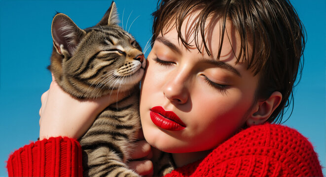 Affectionate young woman with red lipstick holding a content tabby cat. A close-up portrait of pet ownership and friendship against a blue background.