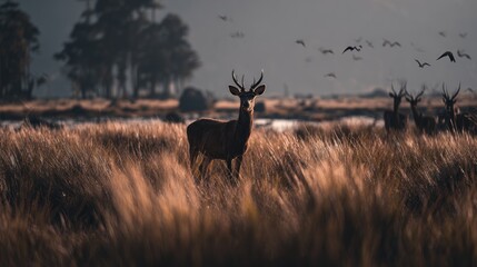 Majestic deer standing tall in sun kissed meadow on a hazy afternoon