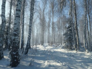 Snowy Birch Forest Winter Landscape White Trunks Blue Sky Cold Weather Scene Outdoor Nature View Wintertime Season