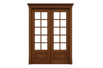 Wooden double french door with glass panels on transparent background presenting an entry or transition