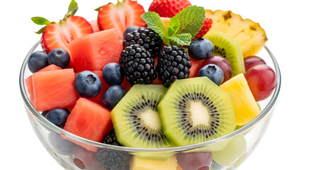 Fresh and colorful fruit salad with berries, kiwi, and watermelon in a glass bowl isolated on transparent background