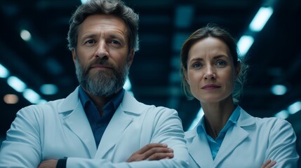 Two scientists, a man and a woman, stand confidently in a high-tech laboratory. Both wear white lab coats and show determination while observing experiments around them