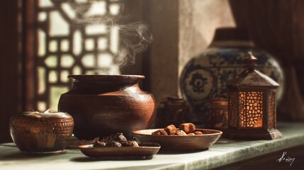 Still Life with Steaming Bowl, Lantern, and Decorative Pottery Composition