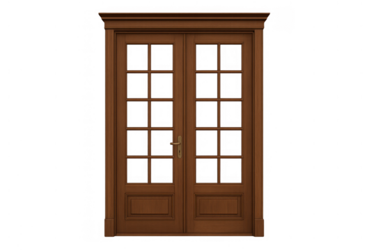 Wooden double french door with glass panels on transparent background presenting an entry or transition