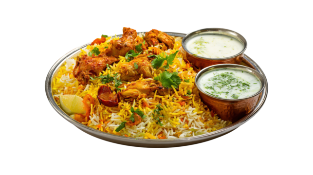 A plate of food with a variety of dishes including rice, chicken - Powered by Adobe