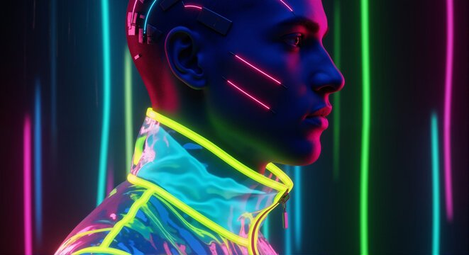 Futuristic cyberpunk man in profile with glowing neon lights. Cyborg with high-tech implants and fashion. Virtual reality and AI concept.