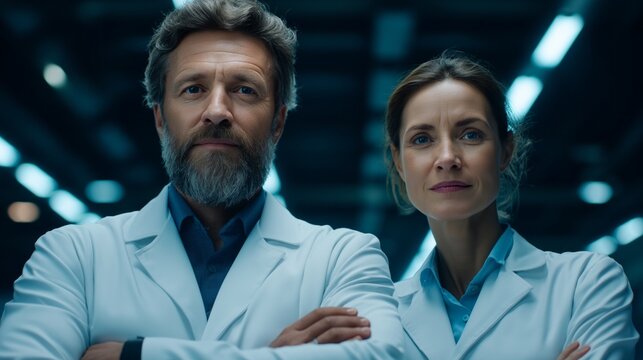 Two scientists, a man and a woman, stand confidently in a high-tech laboratory. Both wear white lab coats and show determination while observing experiments around them