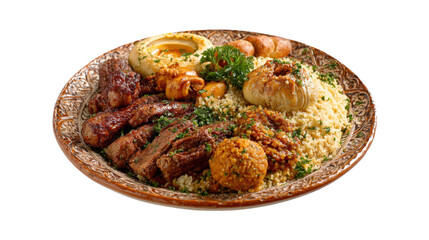 A plate of food with a variety of meats and vegetables