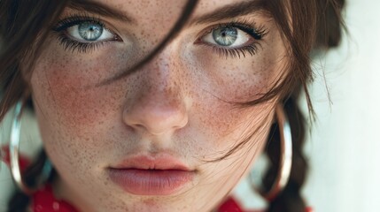 Close-up of freckled face and blue eyes, creating a striking and fresh look