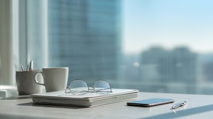 Workspace clarity: Still life with glasses, phone, and coffee by the window