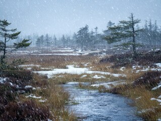 Winter snowy landscape, stream winding through moorland, snow covered ground, sparse pine trees, falling snowflakes, cold serene environment, tranquil nature, seasonal outdoor scenery