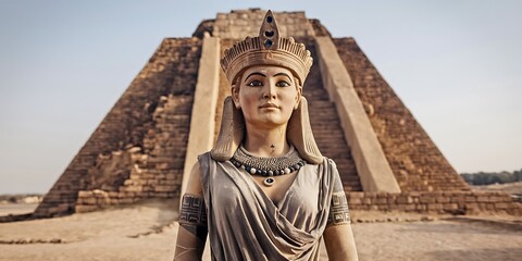 Sumerian goddess Inanna Ishtar divine queen of heaven fertility love standing before grand Anunnaki temple Mesopotamian architecture detailed ancient structure spiritual art 2D cartoon illustration