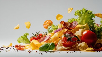 Culinary arrangement featuring crisps, vegetables, and fresh basil leaves