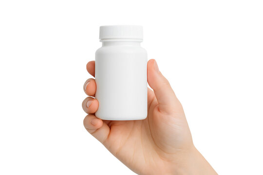 White bottle in hand isolated on white. Vitamins packaging.