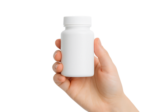 White bottle in hand isolated on white. Vitamins packaging.