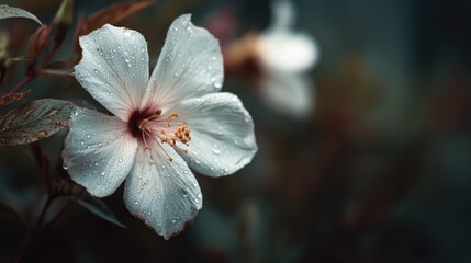 Delicate beauty: a close-up shot of a white hibiscus flower with dew drops