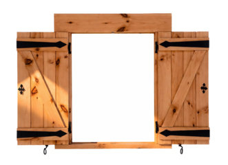 Rustic wooden window with open barn-style shutters and black hardware on a white background, warm sunlight and natural wood texture