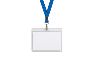 Blank ID card with blue lanyard. Corporate badge mockup.
